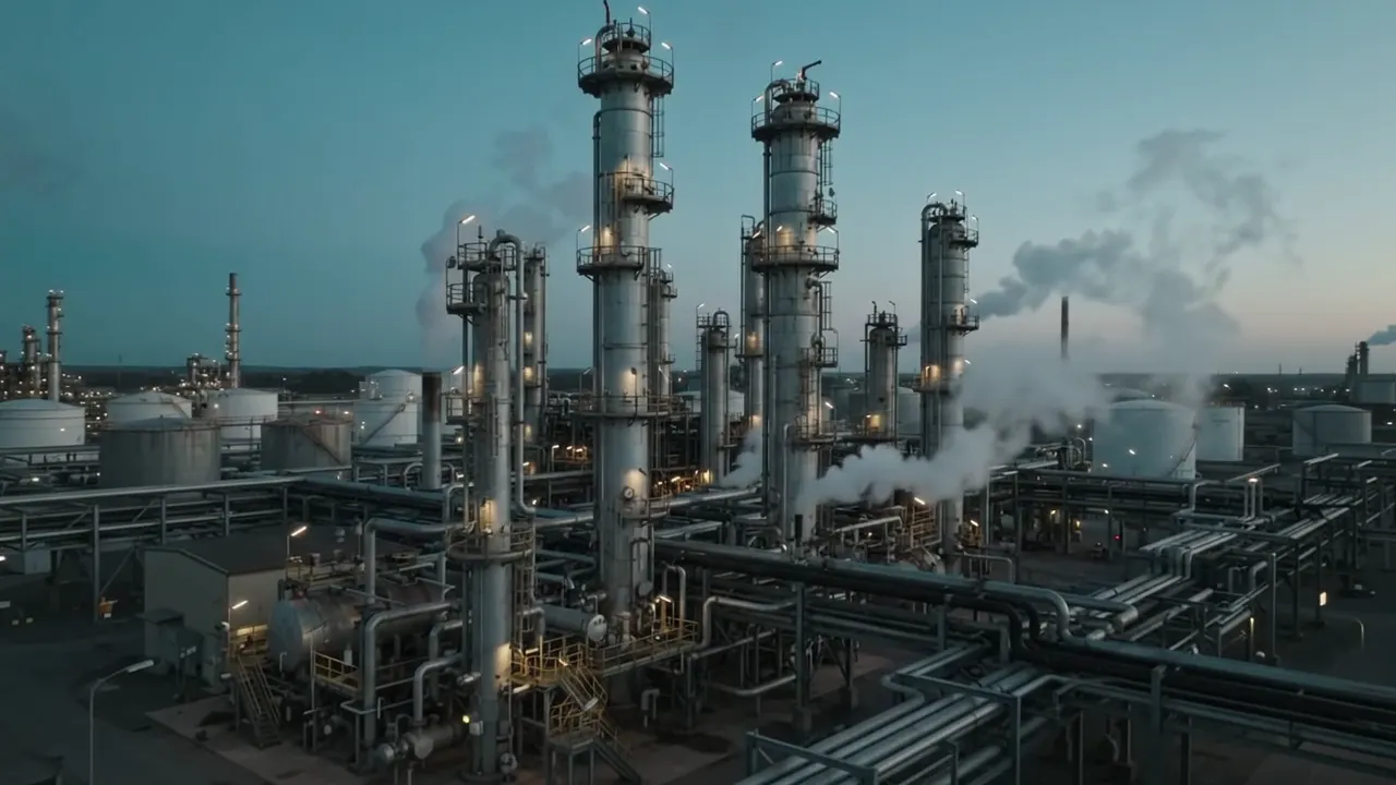 Flyover of a refinery at dusk with lit columns and rising steam