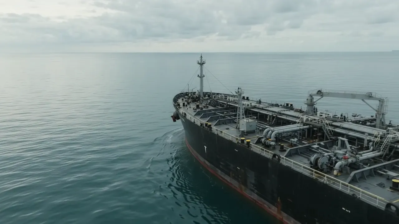 Aerial view of a chemical tanker on a calm sea, the camera circling the deck
