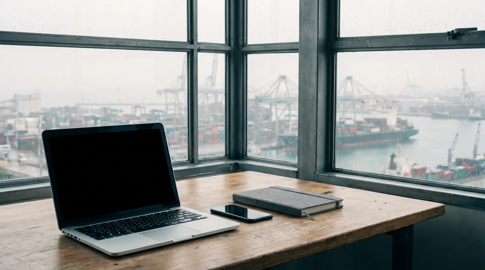 Desk by a window with laptop and notebook, a harbour with cranes behind