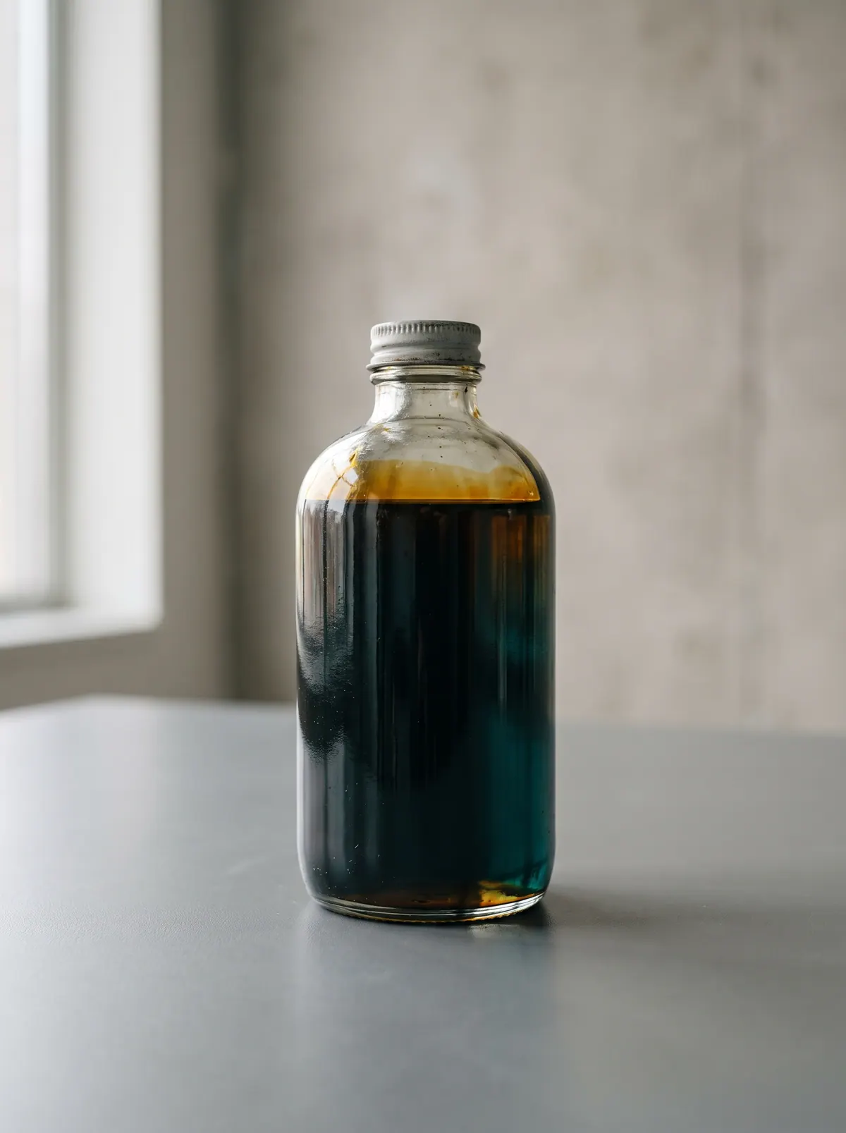 Glass bottle of dark crude oil on a grey surface, backlit amber at the edge