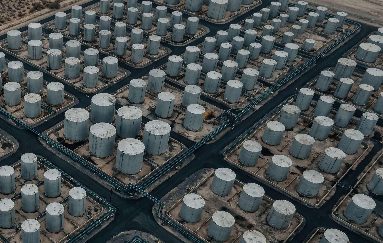 Aerial view of a tank farm, cylindrical tanks in containment bunds