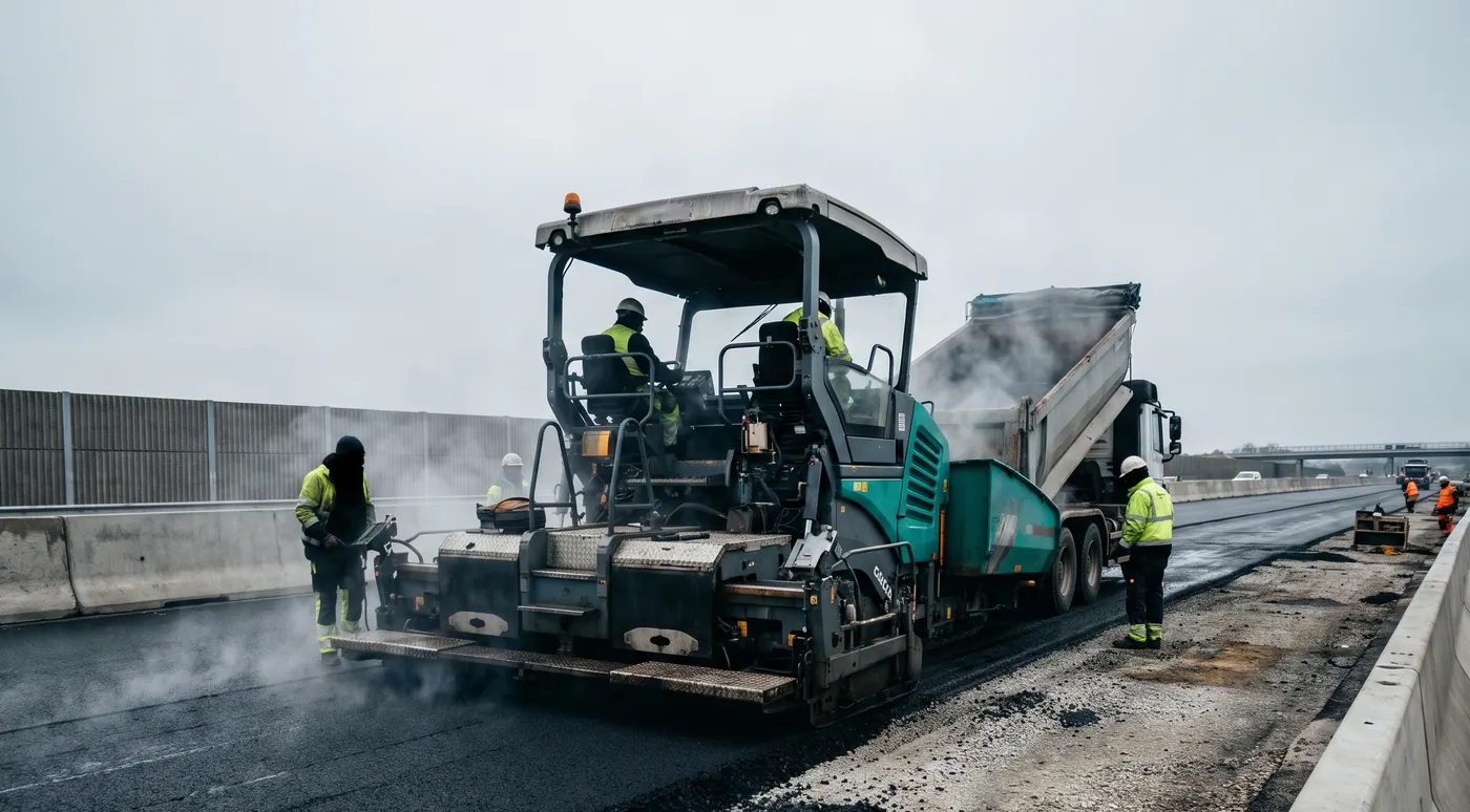 Asphalt paver laying a road surface on a motorway