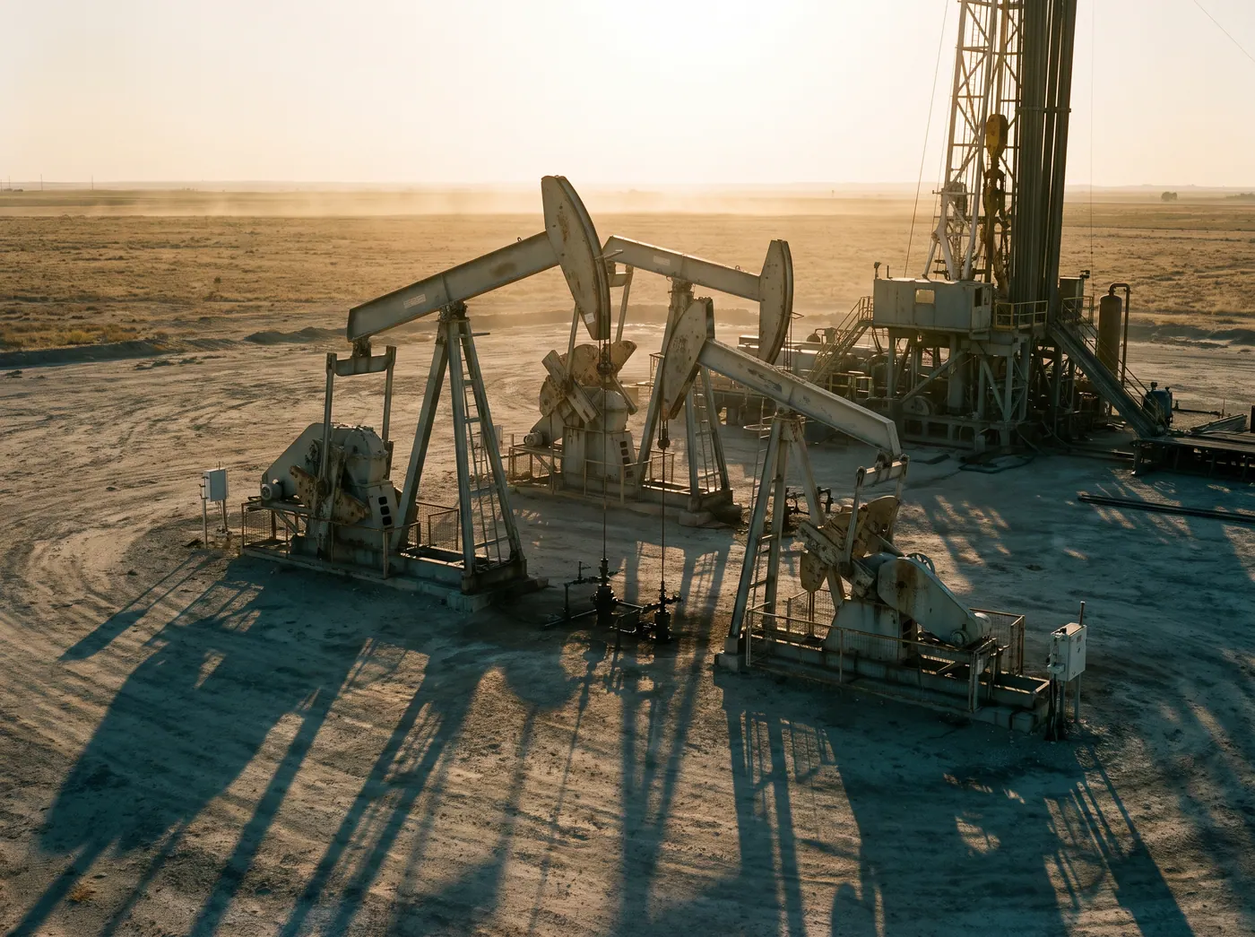 Pumpjacks and a drilling rig on a dry plain in low sunlight