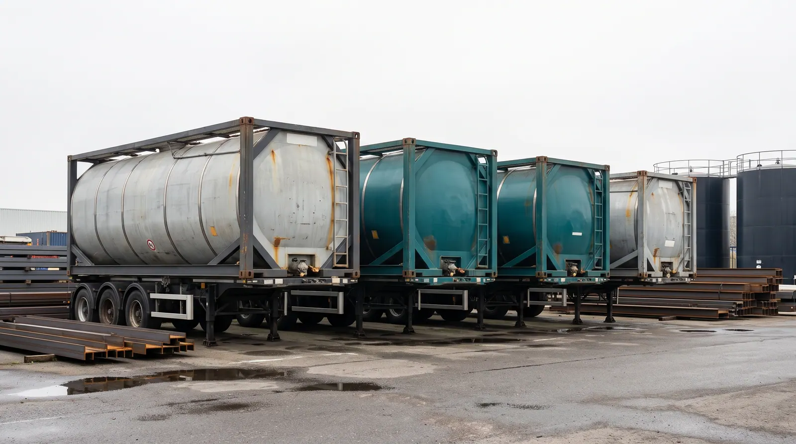 ISO tank containers on trailers side by side in a yard