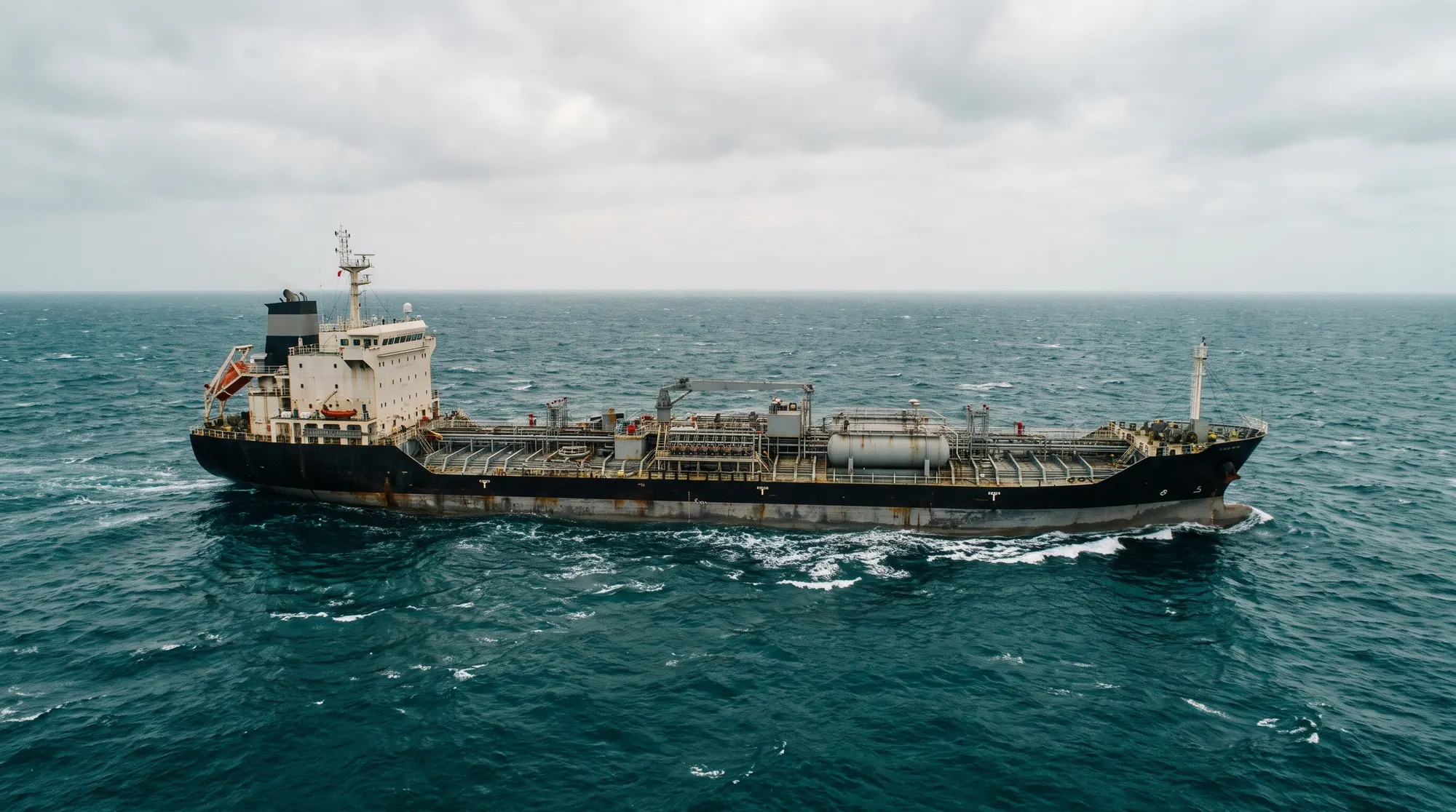 Aerial view of a chemical tanker on the open sea