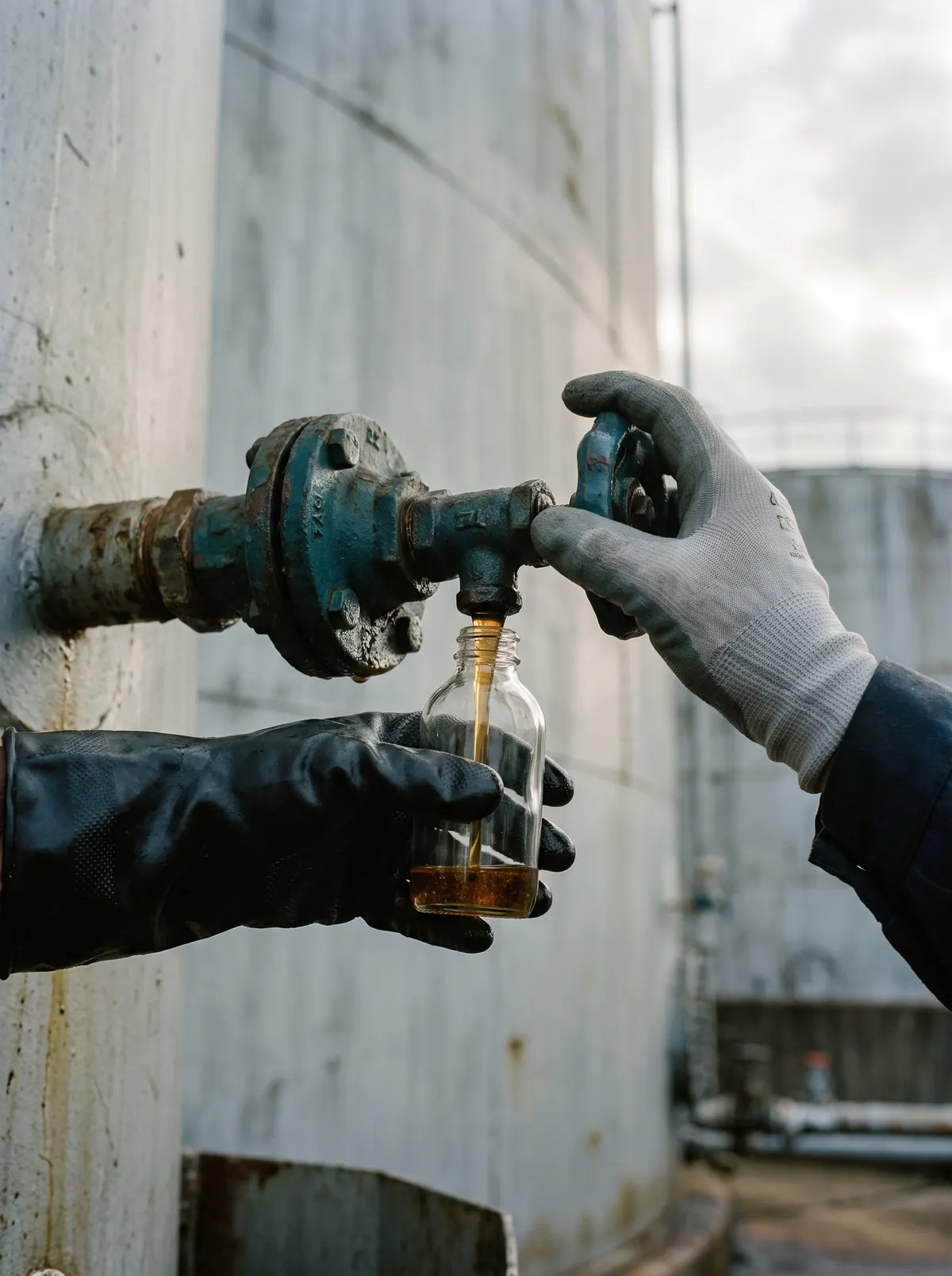 Gloved hands filling a sample bottle at a tank valve