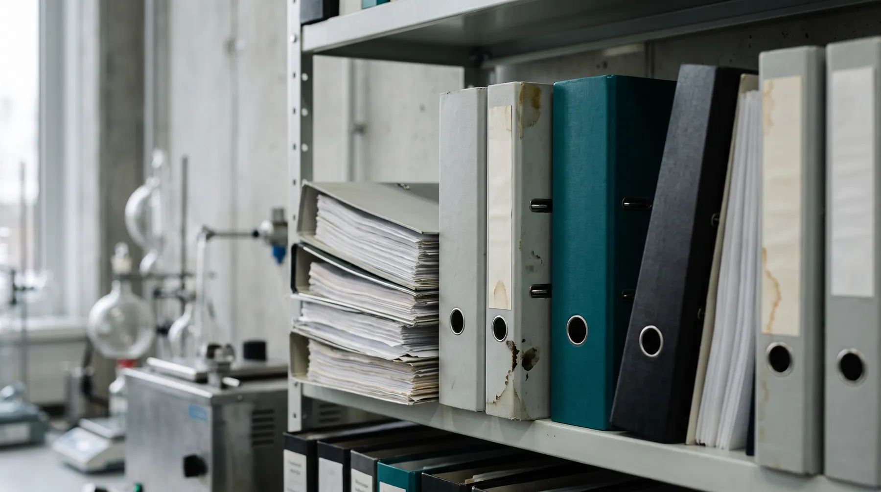 Shelf with folders and stacks of files, laboratory glassware in the background