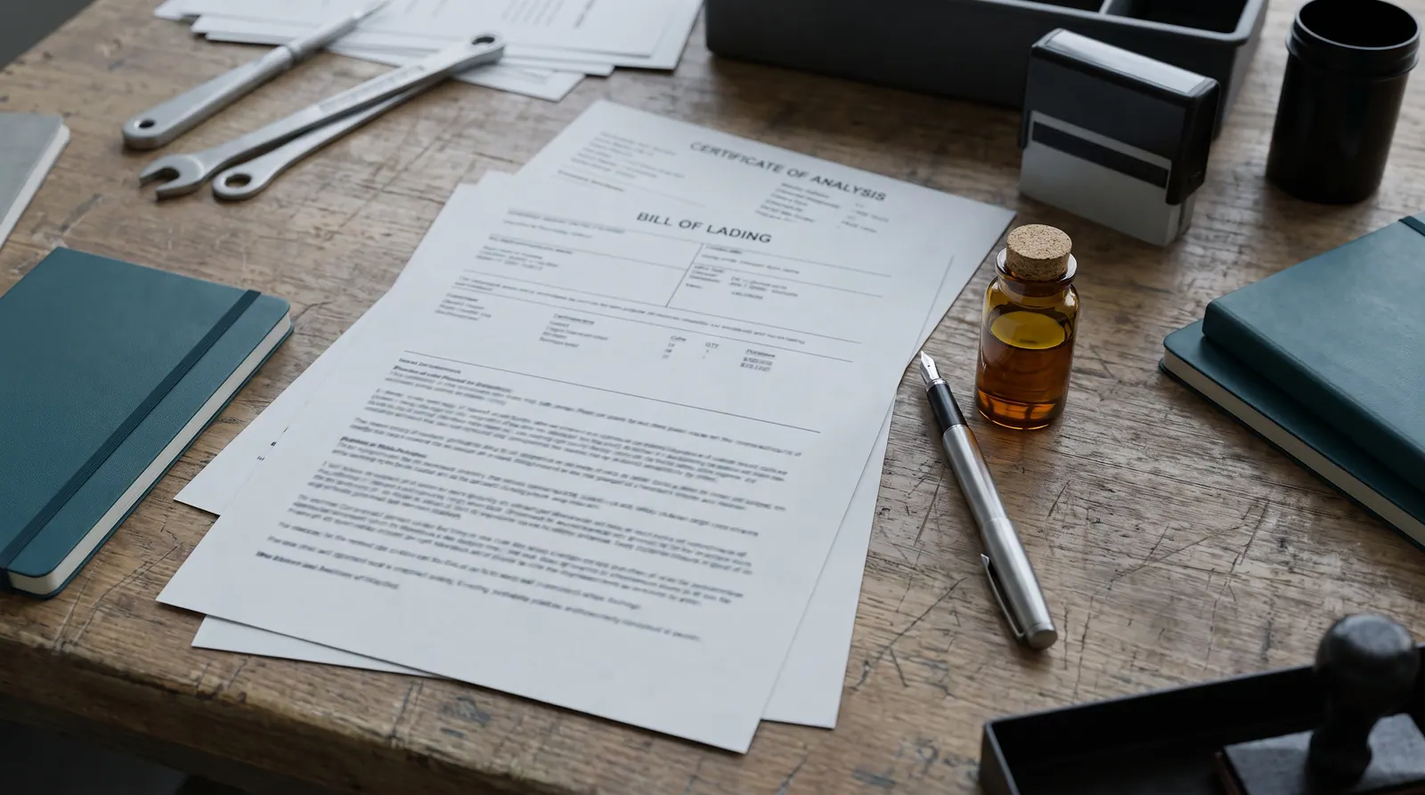 Desk with bill of lading, certificate of analysis, fountain pen and a sample bottle of oil