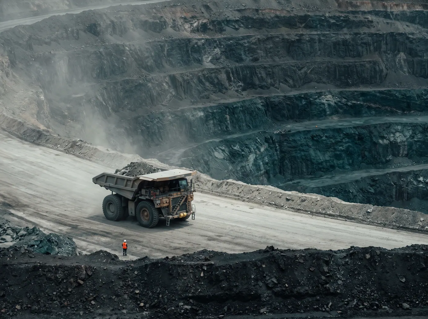 Dump truck on a ramp in an open pit mine, terraced walls, dust in the air